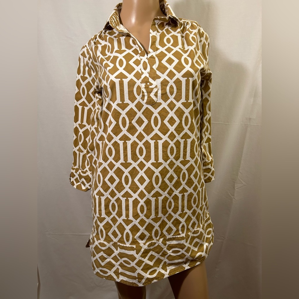 Tizzie  Gold & White Geometric Pattern 3/4 Sleeve Tunic/Short Dress Size XS